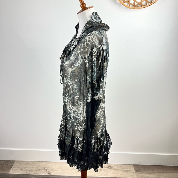 Puli Leopard Print Ruffle Tunic Dress L Sheer Boho Layered Hem Animal Print Top - Picture 10 of 10